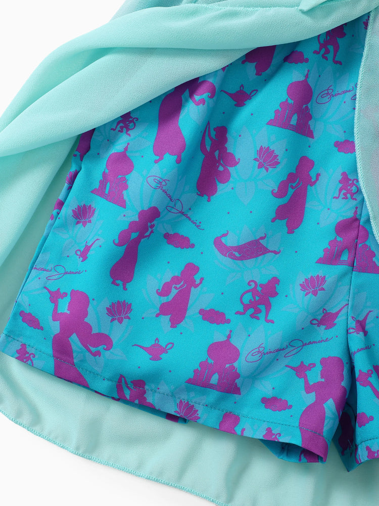 Barboteuse à volants en maille avec nœud et imprimé princesse Jasmine pour petite fille, turquoise