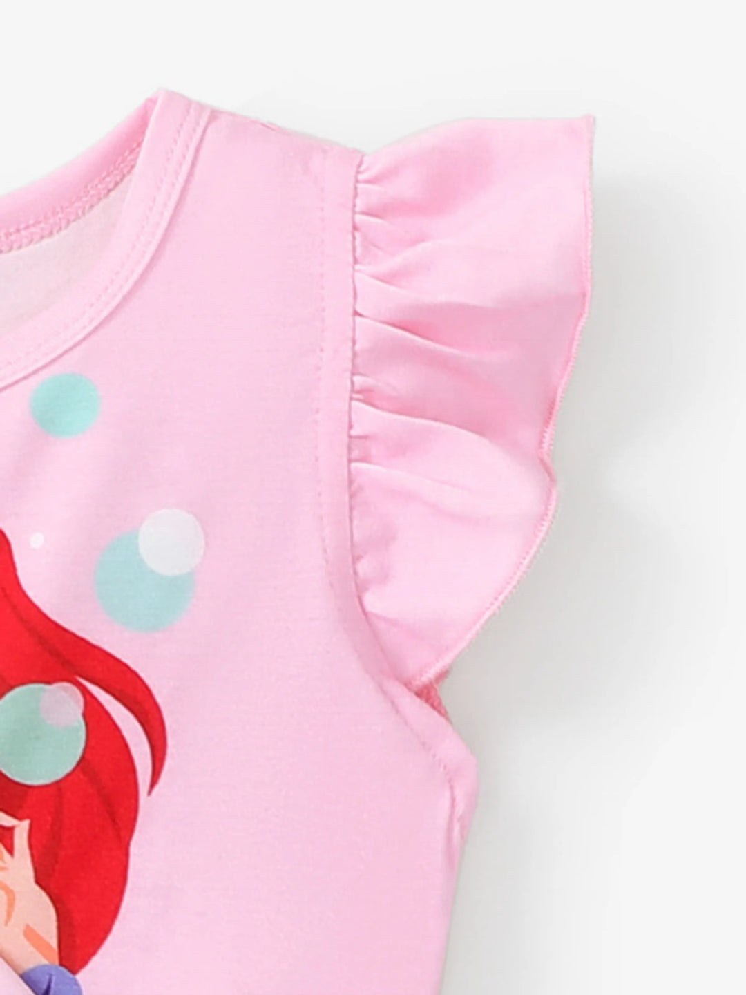 Disney Princess Ariel Toddler Girl Character Print Bowknot Mesh Ruffled Romper Pink