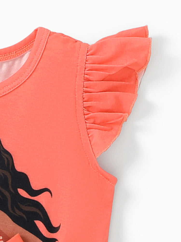 Barboteuse à volants en maille avec nœud et imprimé princesse Disney Moana pour petite fille, orange et rouge