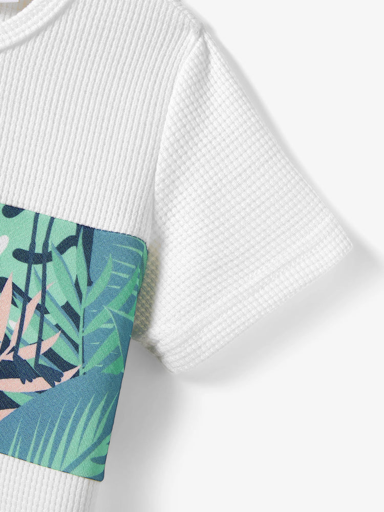 Disney Mickey and Friends Daddy & Son Tropical Botanical Print Waffle Fabric T-shirt greenwhite