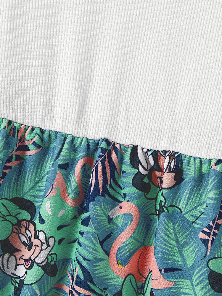Disney Mickey and Friends Mommy & me Tropical Botanical Print Waffle Fabric Dress greenwhite