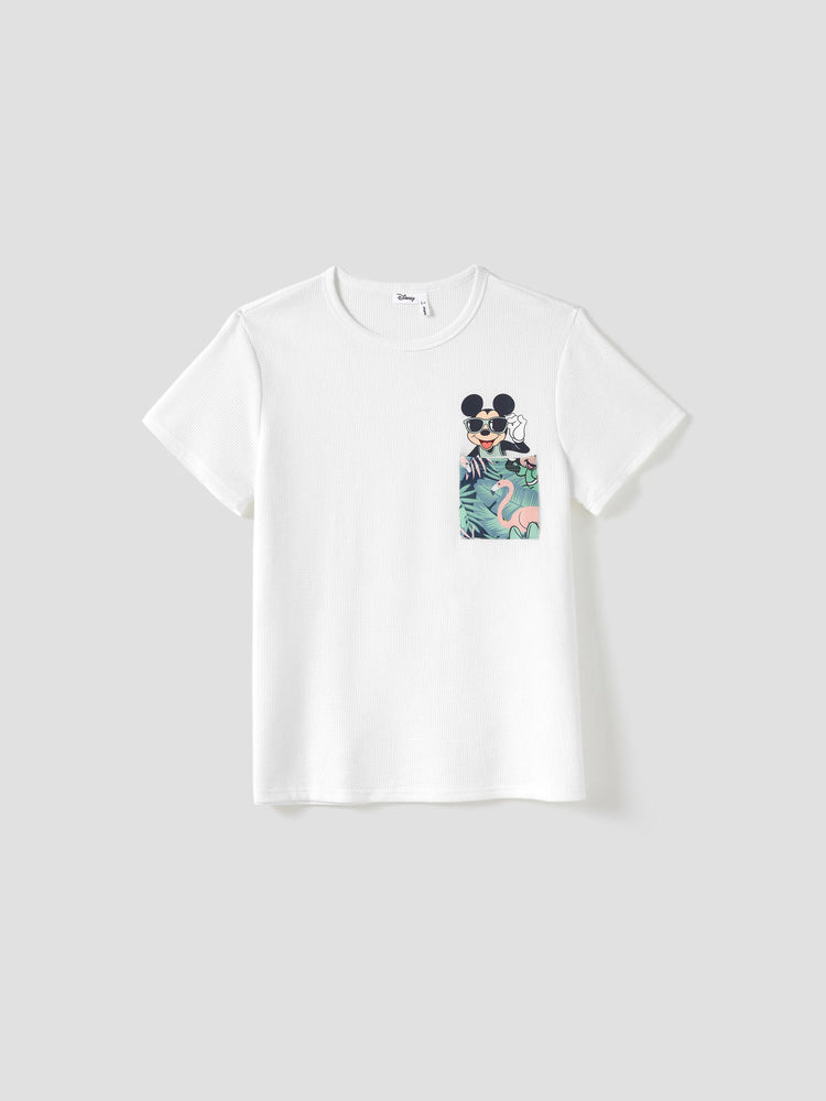 Disney Mickey and Friends Daddy & Son Tropical Botanical Print Waffle Fabric T-shirt greenwhite