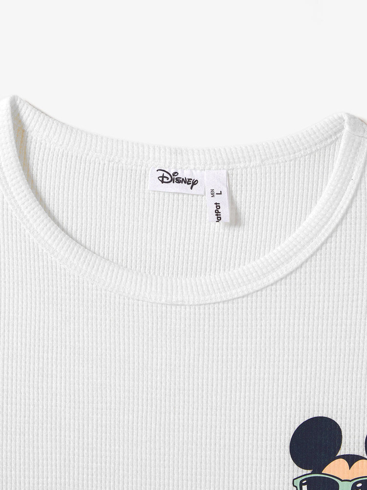 Disney Mickey and Friends Daddy & Son Tropical Botanical Print Waffle Fabric T-shirt greenwhite