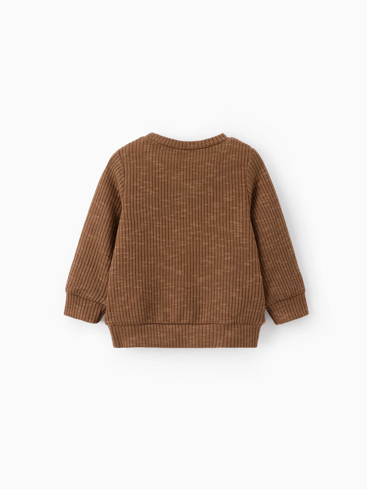 Baby Boy/Girl Clothes Button Design Solid Ribbed Knitted Long-sleeve Pullover Top Brown