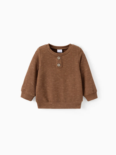 Baby Boy/Girl Clothes Button Design Solid Ribbed Knitted Long-sleeve Pullover Top Brown