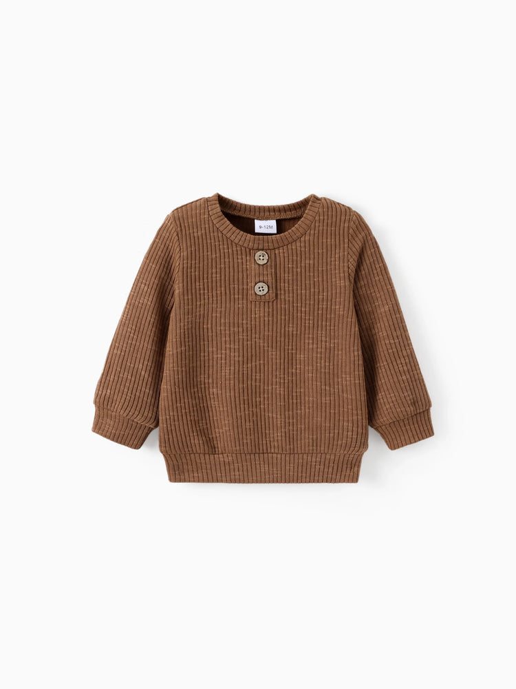 Baby Boy/Girl Clothes Button Design Solid Ribbed Knitted Long-sleeve Pullover Top Brown