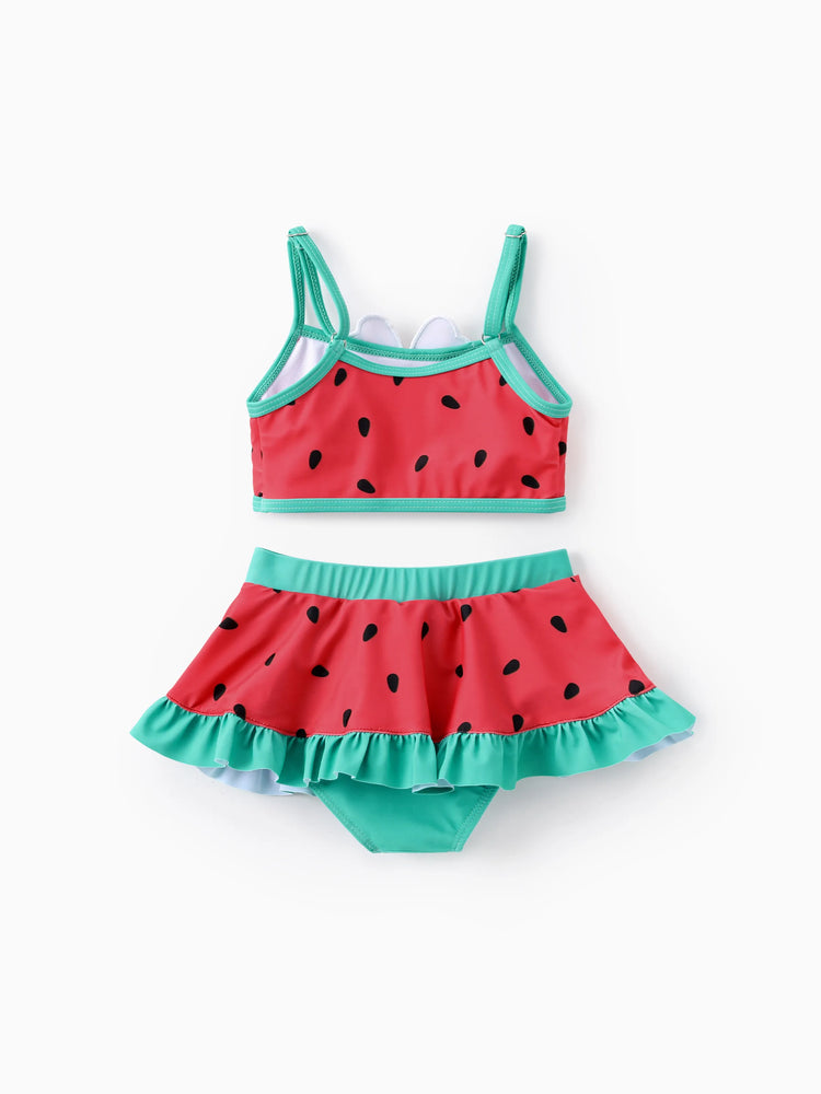 Maillot de bain 2 pièces Disney Mickey et ses amis pour bébé/petite fille, motif pastèque à pois, brodé avec écusson Minnie, rouge pastèque