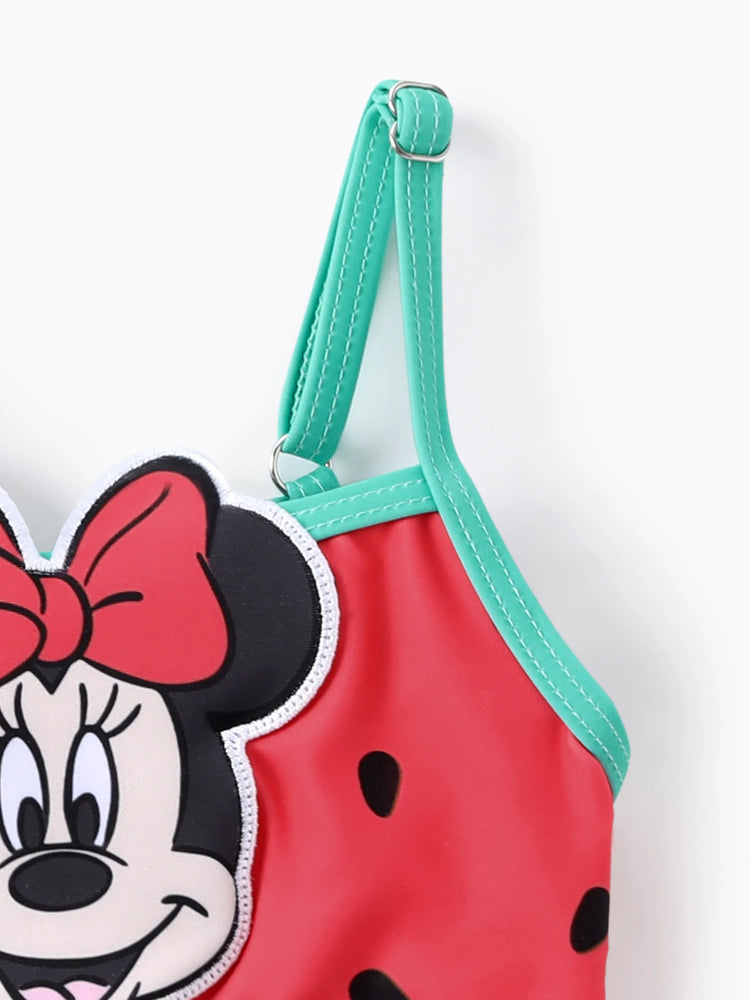 Maillot de bain 2 pièces Disney Mickey et ses amis pour bébé/petite fille, motif pastèque à pois, brodé avec écusson Minnie, rouge pastèque