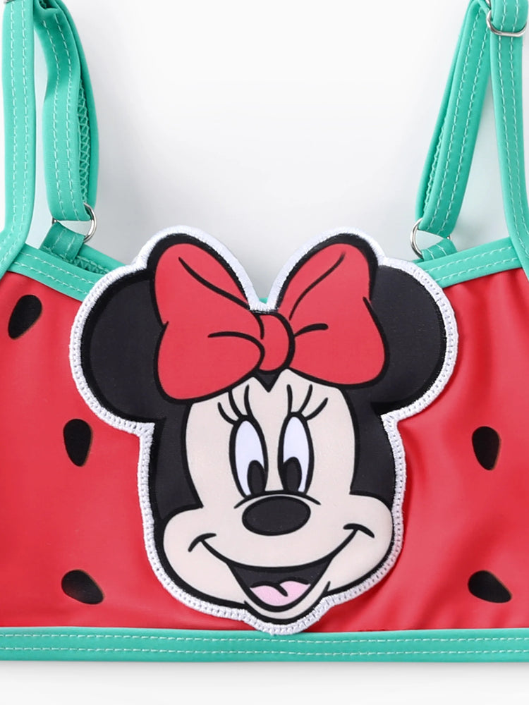 Maillot de bain 2 pièces Disney Mickey et ses amis pour bébé/petite fille, motif pastèque à pois, brodé avec écusson Minnie, rouge pastèque