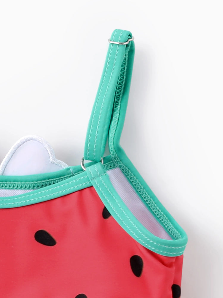 Maillot de bain 2 pièces Disney Mickey et ses amis pour bébé/petite fille, motif pastèque à pois, brodé avec écusson Minnie, rouge pastèque