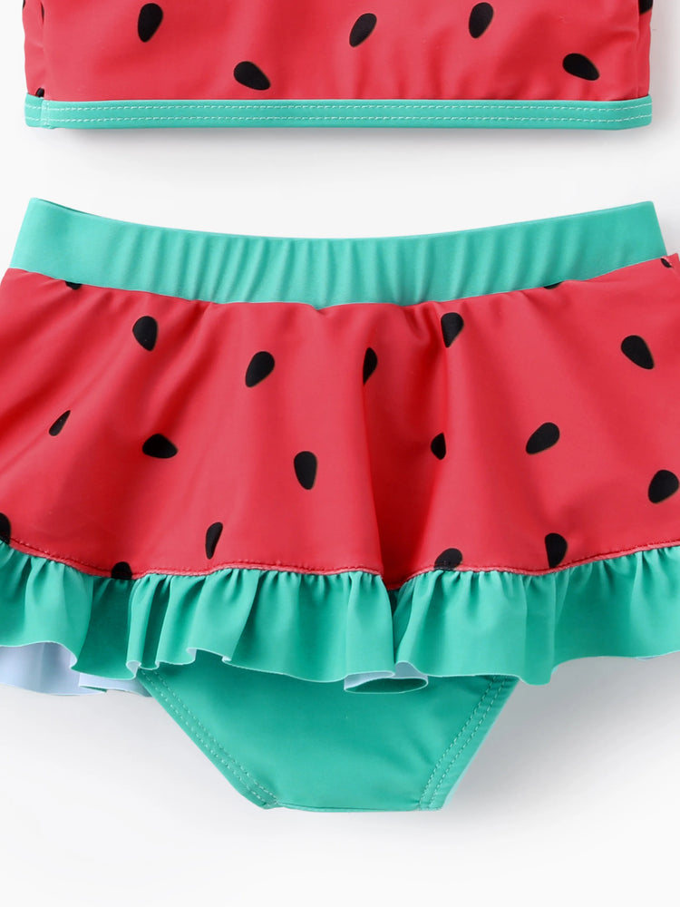Maillot de bain 2 pièces Disney Mickey et ses amis pour bébé/petite fille, motif pastèque à pois, brodé avec écusson Minnie, rouge pastèque