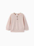 Baby Boy/Girl Clothes Button Design Solid Ribbed Knitted Long-sleeve Pullover Top Apricot