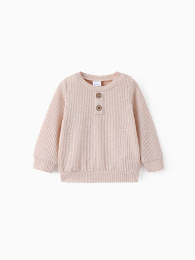 Pull à manches longues en tricot côtelé uni avec boutons pour bébé garçon/fille, couleur abricot