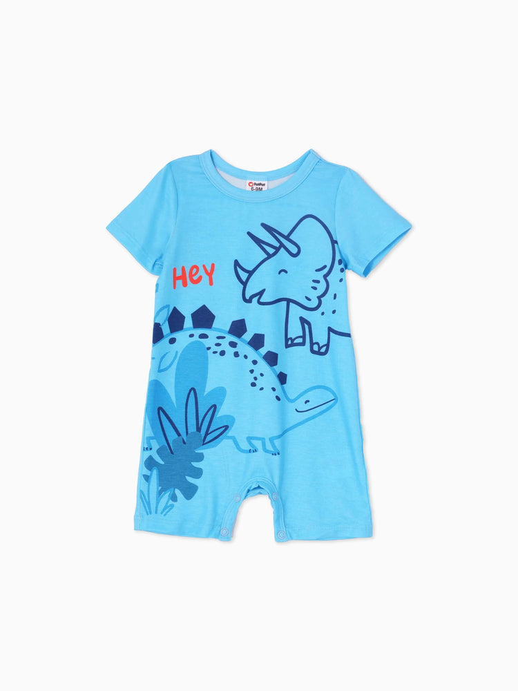 Baby Boy Stripe/Dinosaur Print Short-sleeve Romper Light Blue