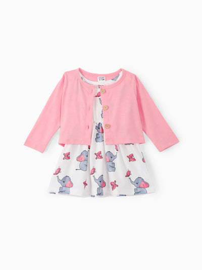 2pcs Baby Girl Pink Cardigan and Elephant Print Dress Set Pink