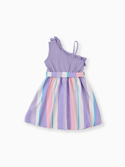 Kid Girl Colorful Striped Belted Ribbed Ruffle Slip Dress Purple