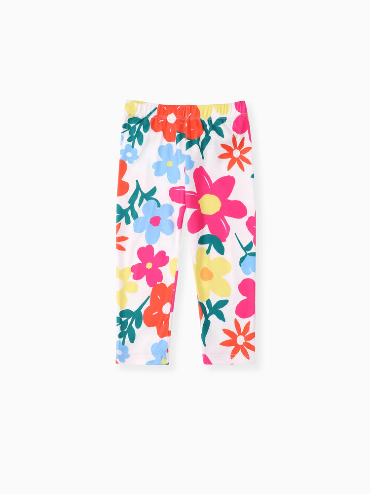 Conjunto de 2 piezas de camiseta con diseño de lazo y leggings con estampado floral para niña pequeña Roseo