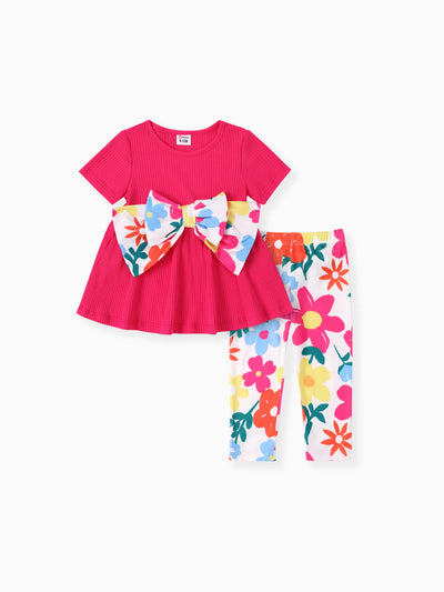 Baby Mädchen 2-teiliges Bowknot-Design-T-Shirt und Leggings-Set mit Blumendruck roseo