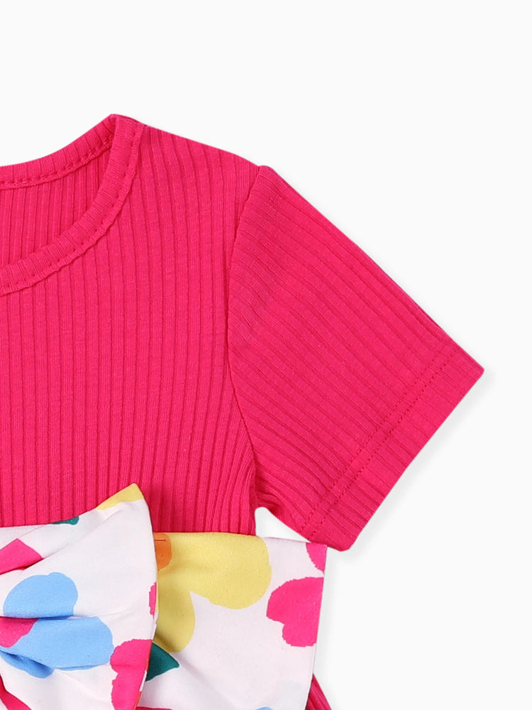 Conjunto de 2 piezas de camiseta con diseño de lazo y leggings con estampado floral para niña pequeña Roseo