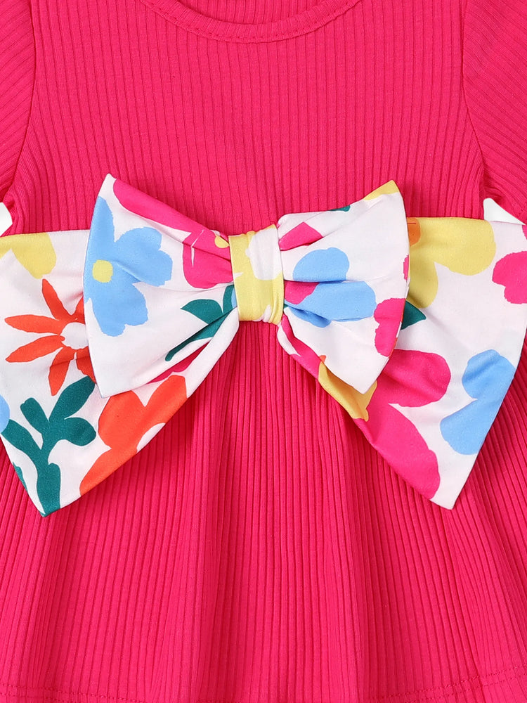 Conjunto de 2 piezas de camiseta con diseño de lazo y leggings con estampado floral para niña pequeña Roseo