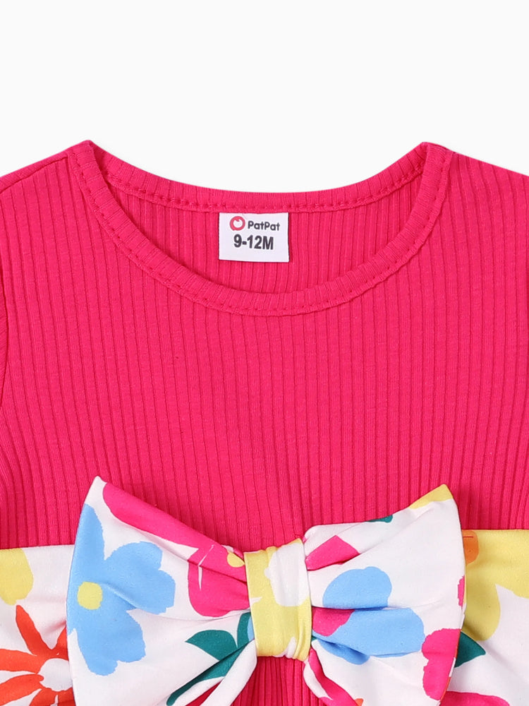 Conjunto de 2 piezas de camiseta con diseño de lazo y leggings con estampado floral para niña pequeña Roseo