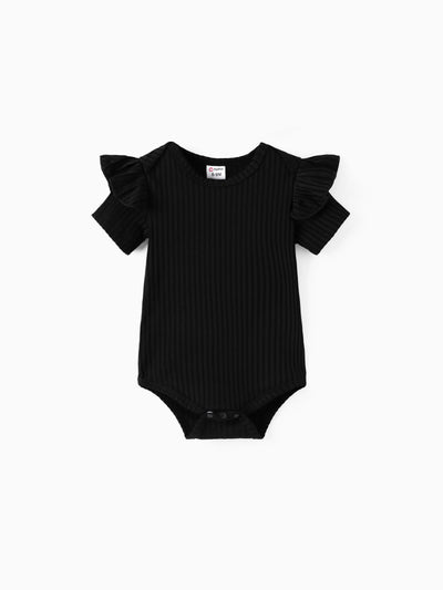 3-teiliges Baby-Mädchen-Set aus schwarzem, geripptem Kurzarm-Strampler und Tweed-Rock mit Stirnband schwarz