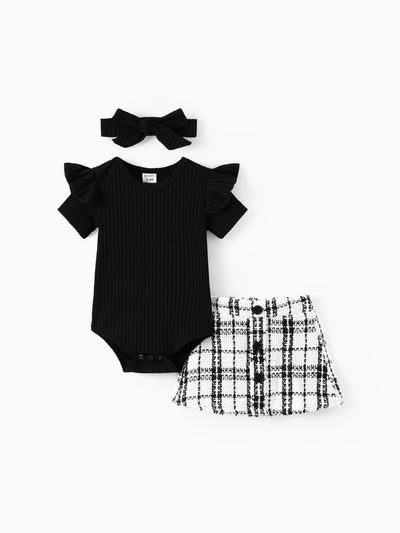 3pcs Baby Girl Black Ribbed Short-sleeve Romper and Tweed Skirt with Headband Set Black