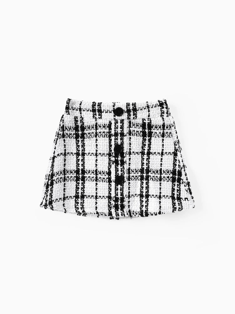 3-teiliges Baby-Mädchen-Set aus schwarzem, geripptem Kurzarm-Strampler und Tweed-Rock mit Stirnband schwarz