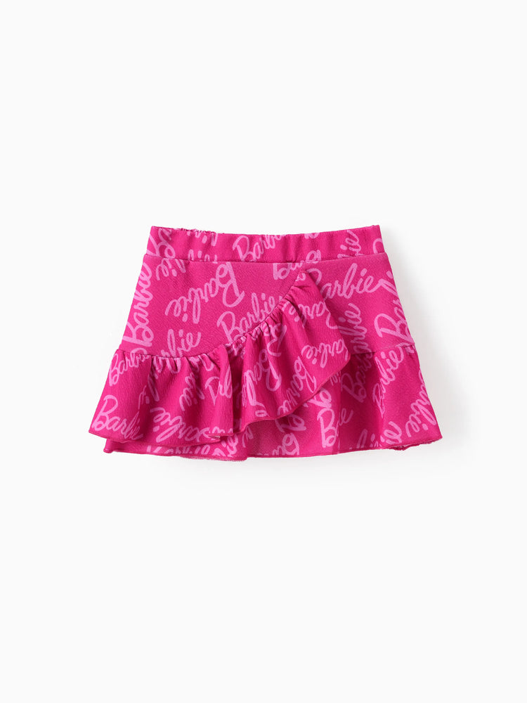 Conjunto de 2 piezas de Barbie para niña pequeña con top con mangas abullonadas y estampado del alfabeto y falda con estampado del logotipo Roseo