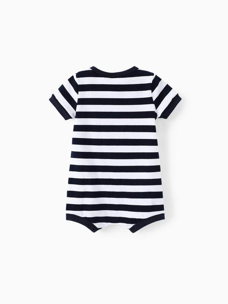 Barboteuse bébé garçon à manches courtes et boutons-pression, imprimé/rayé, bleu, noir et blanc