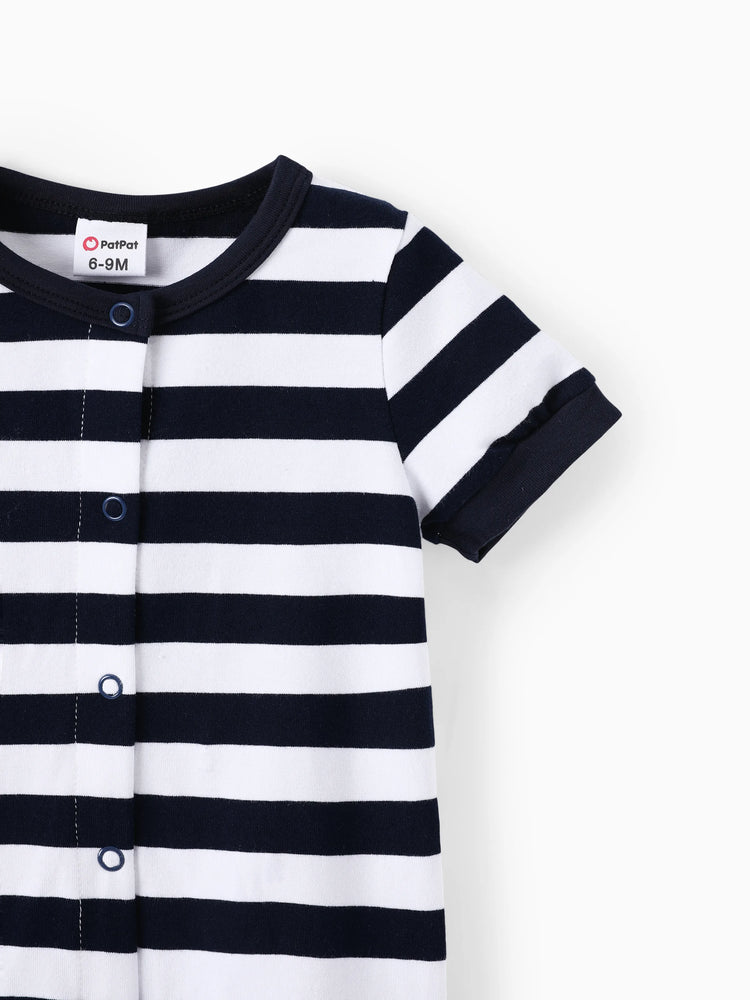 Barboteuse bébé garçon à manches courtes et boutons-pression, imprimé/rayé, bleu, noir et blanc