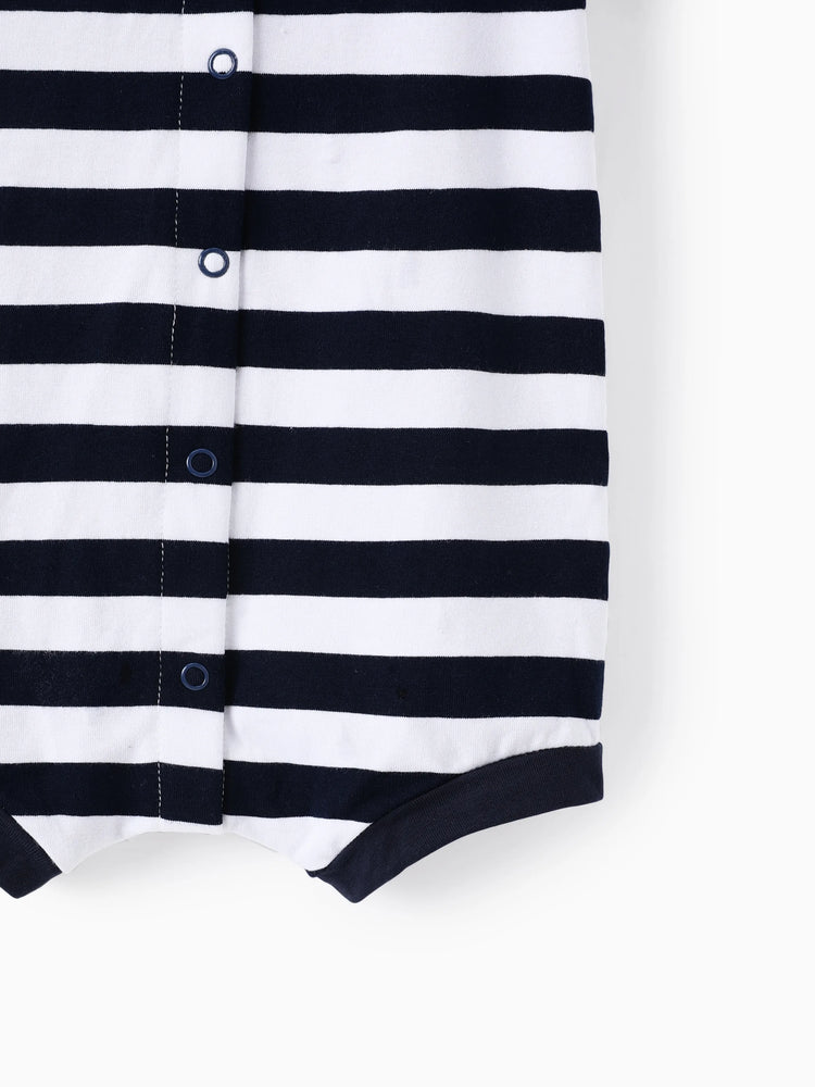 Barboteuse bébé garçon à manches courtes et boutons-pression, imprimé/rayé, bleu, noir et blanc