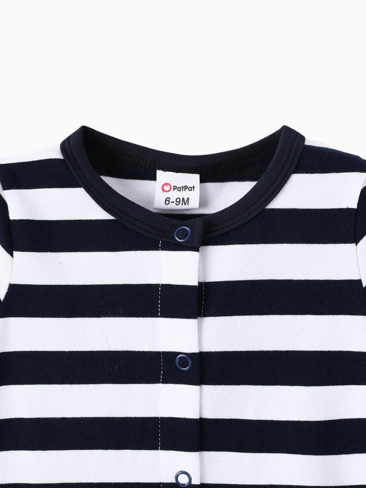 Barboteuse bébé garçon à manches courtes et boutons-pression, imprimé/rayé, bleu, noir et blanc