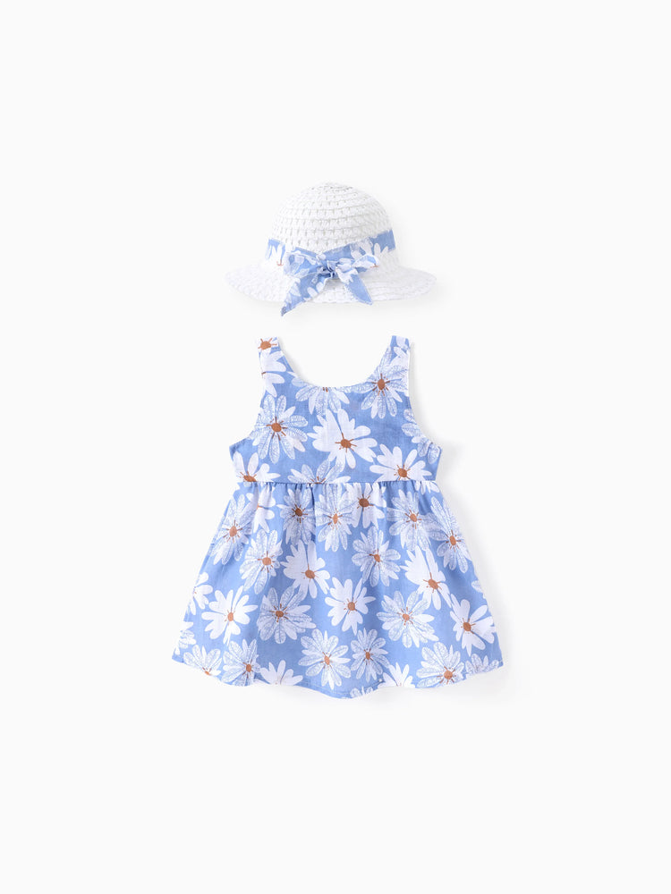 2pcs Baby Girl Little Daisy Bowknot Dress Set Blue