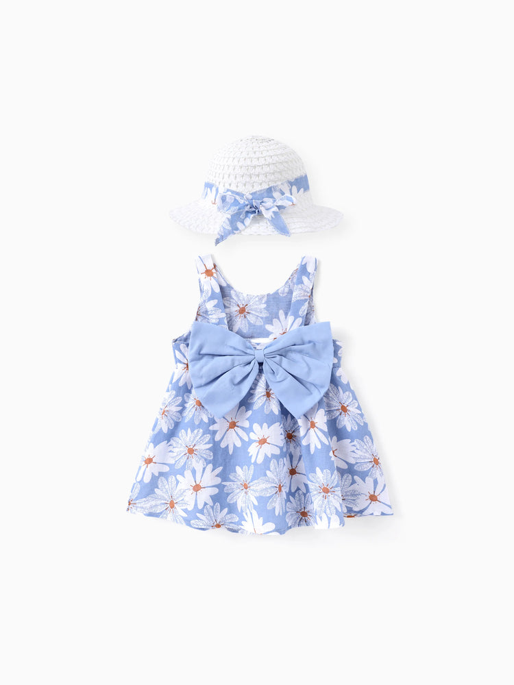 2pcs Baby Girl Little Daisy Bowknot Dress Set Blue