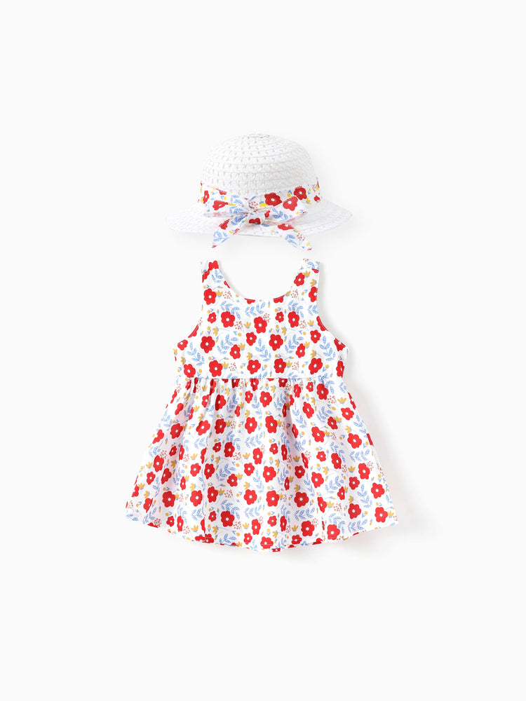 Conjunto de 2 piezas de vestido con lazo de margaritas para niña pequeña, color rojo
