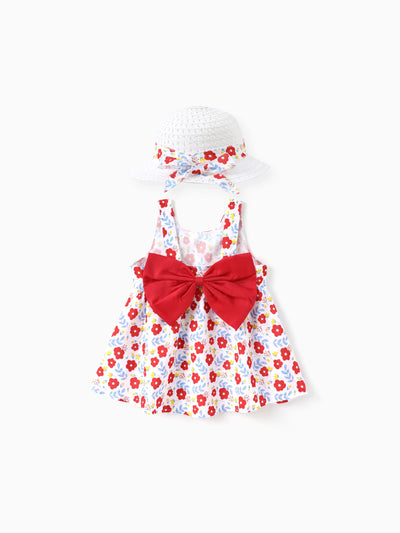 Ensemble 2 pièces pour bébé fille avec robe à nœud et petite marguerite, rouge