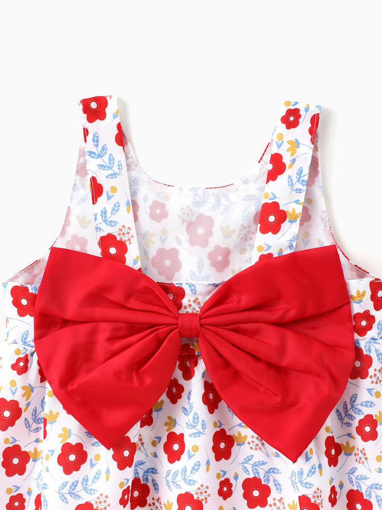 Conjunto de 2 piezas de vestido con lazo de margaritas para niña pequeña, color rojo