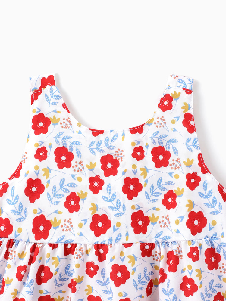 Conjunto de 2 piezas de vestido con lazo de margaritas para niña pequeña, color rojo