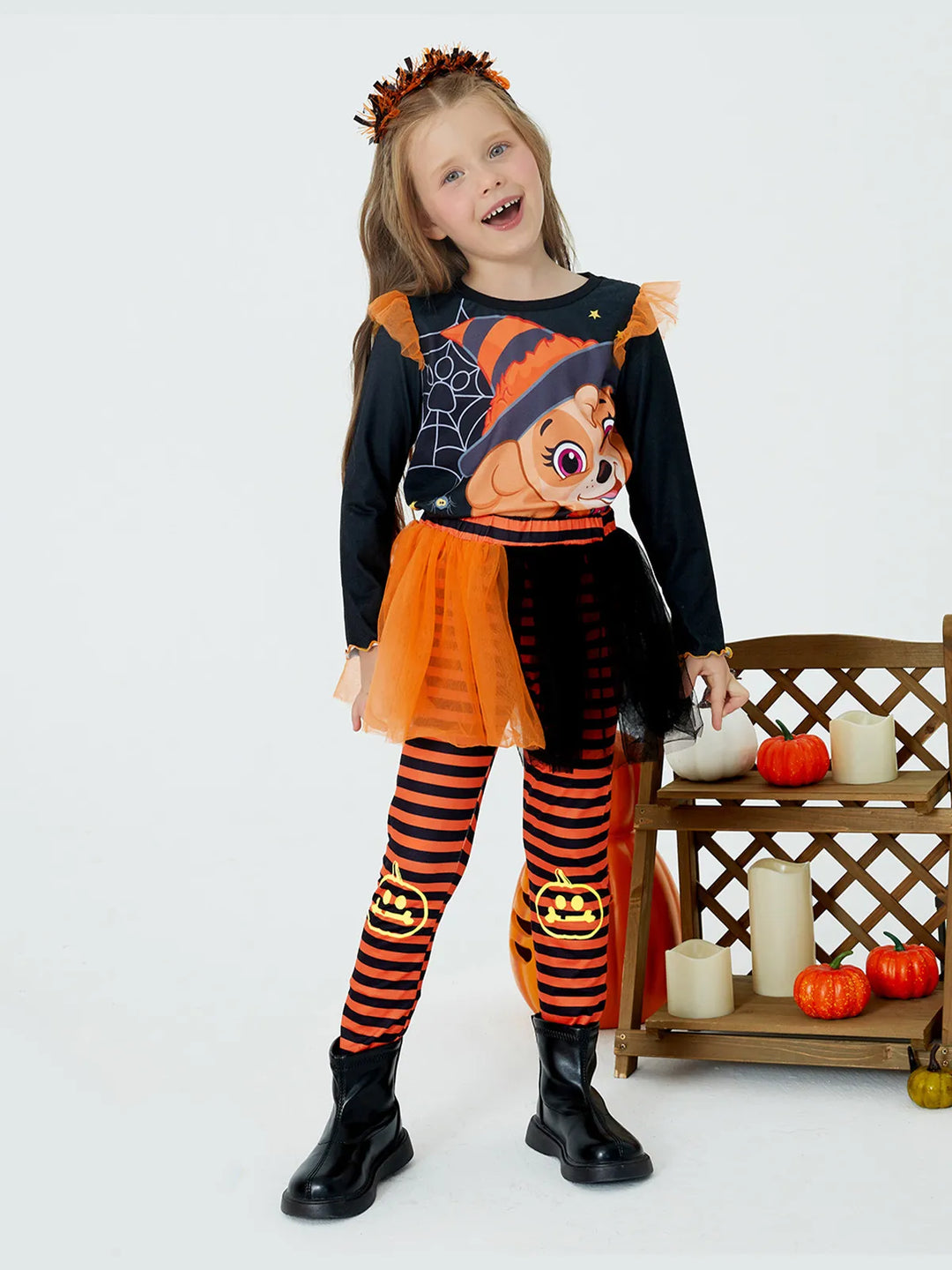 Conjunto de 2 piezas de camiseta de manga larga con estampado de Skye y leggings de malla a rayas de la Patrulla Canina para niña pequeña con bloques de color