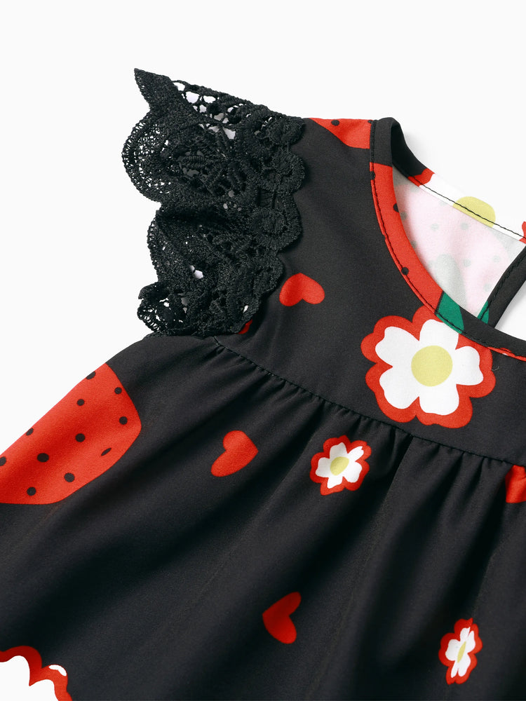 Baby Girl Sweet Strawberry Lace Dress Black