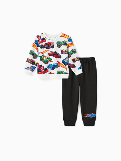 Hot Wheels 2pcs Toddler Boy Vehicle Race Car Print Sweatshirt and Elasticized Cotton Pants Set Black