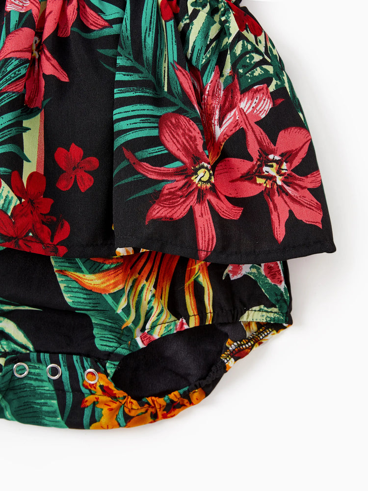 Ensembles assortis pour toute la famille : robes dos nu à imprimé floral et chemises à manches courtes, noir