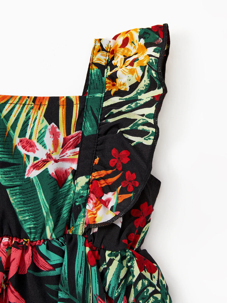 Ensembles assortis pour toute la famille : robes dos nu à imprimé floral et chemises à manches courtes, noir