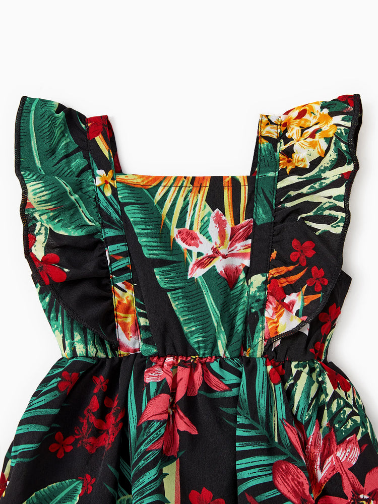 Mommy and Me Family Matching Allover Plant Floral Print Halterneck Dresses and Short-sleeve Shirts Sets Black