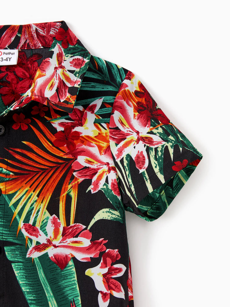 Ensembles assortis pour toute la famille : robes dos nu à imprimé floral et chemises à manches courtes, noir