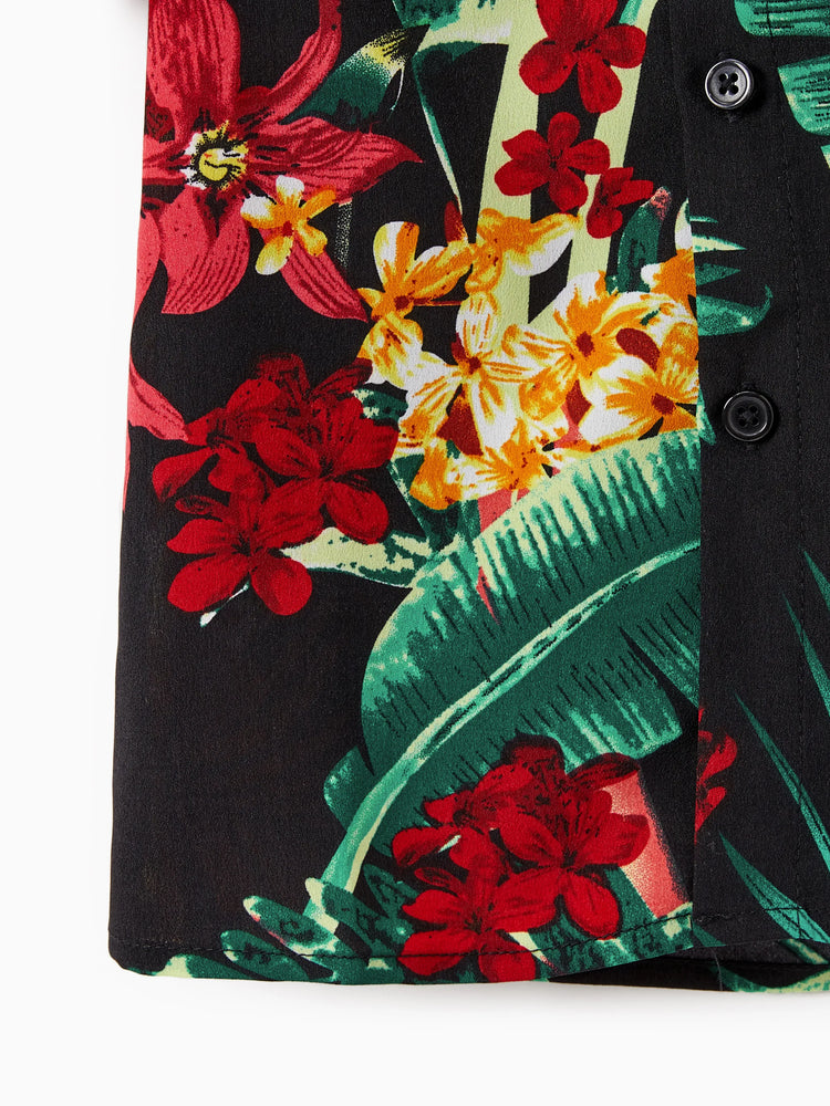 Ensembles assortis pour toute la famille : robes dos nu à imprimé floral et chemises à manches courtes, noir