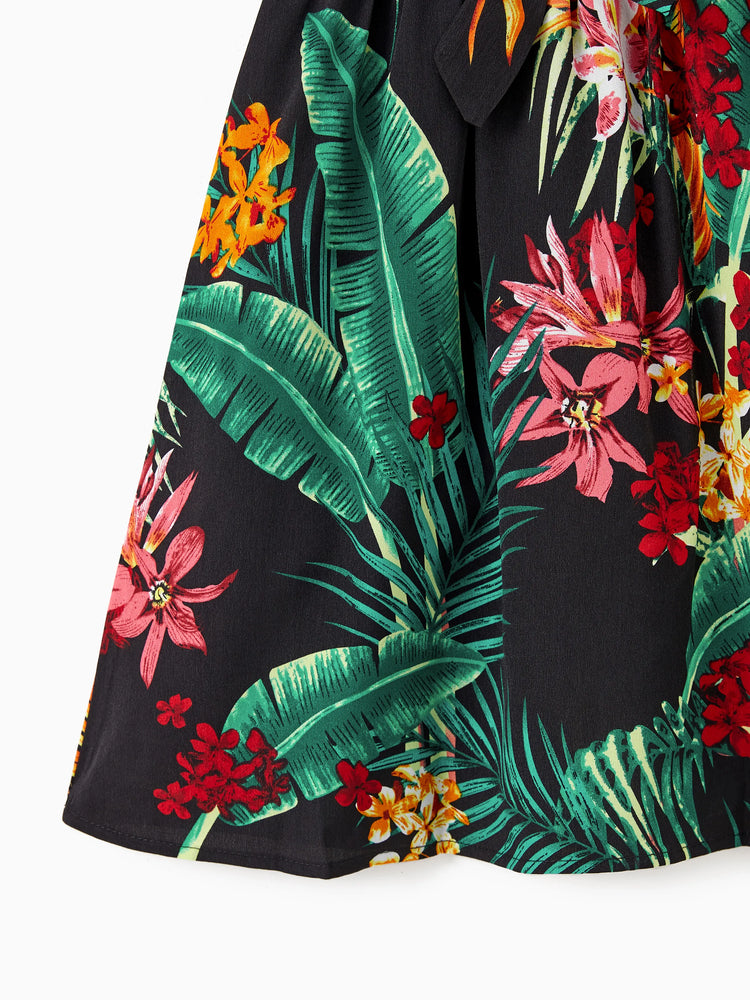 Ensembles assortis pour toute la famille : robes dos nu à imprimé floral et chemises à manches courtes, noir