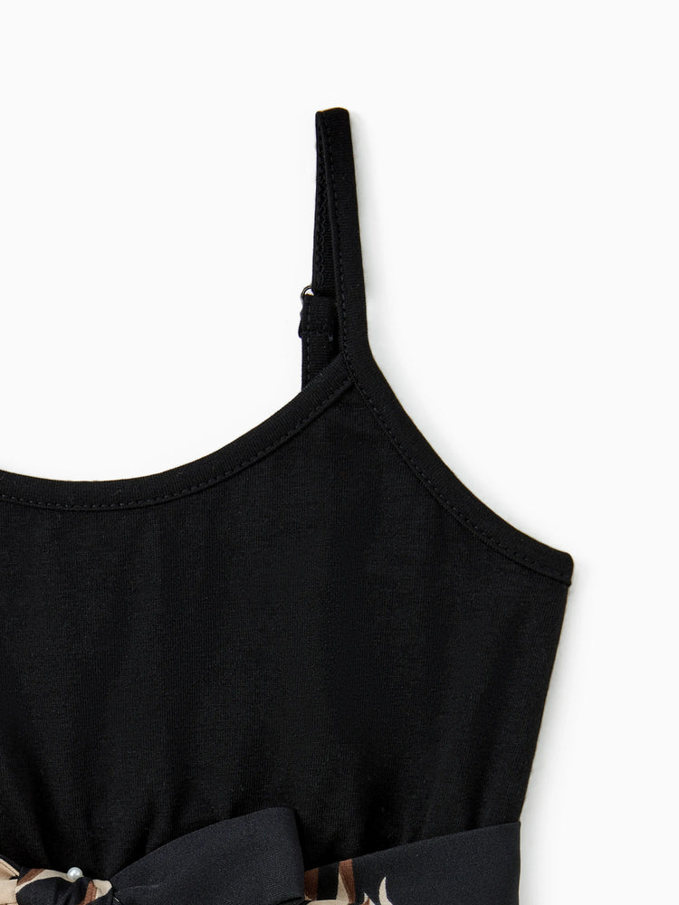 Ensembles assortis pour toute la famille : robes à imprimé floral avec ceinture et hauts à manches courtes unis noirs