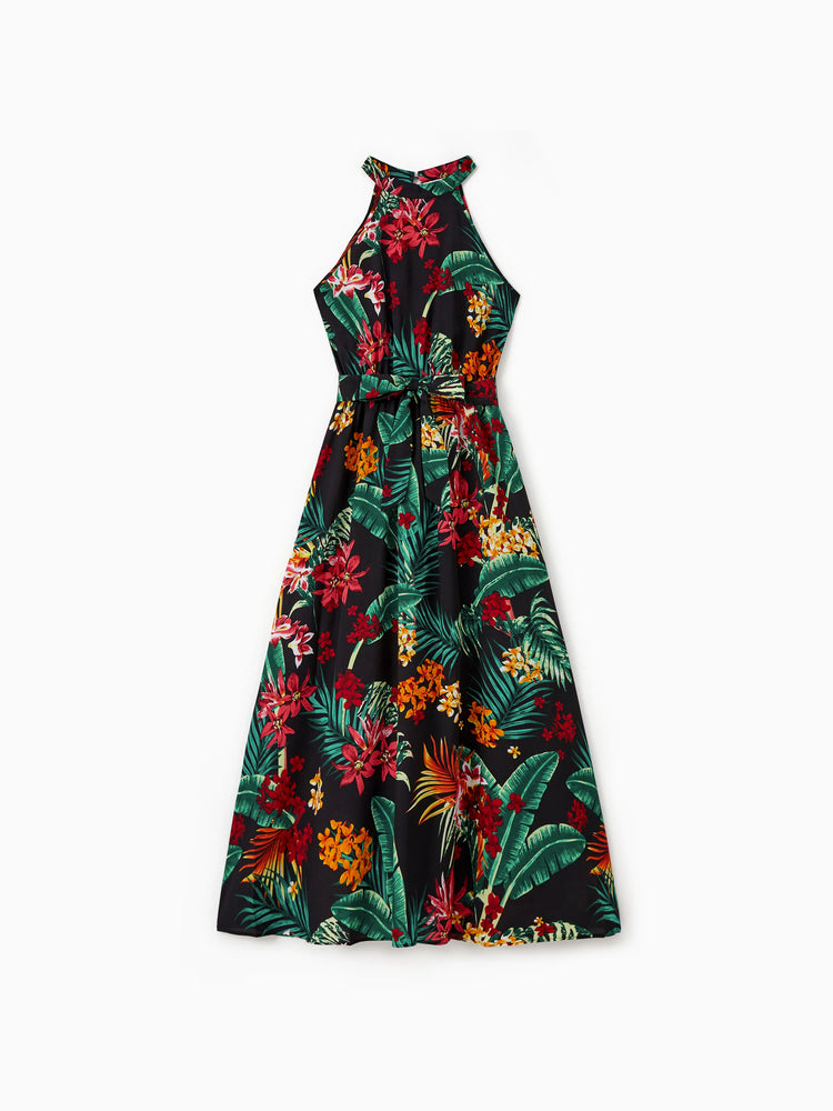 Mommy and Me Family Matching Allover Plant Floral Print Halterneck Dresses and Short-sleeve Shirts Sets Black